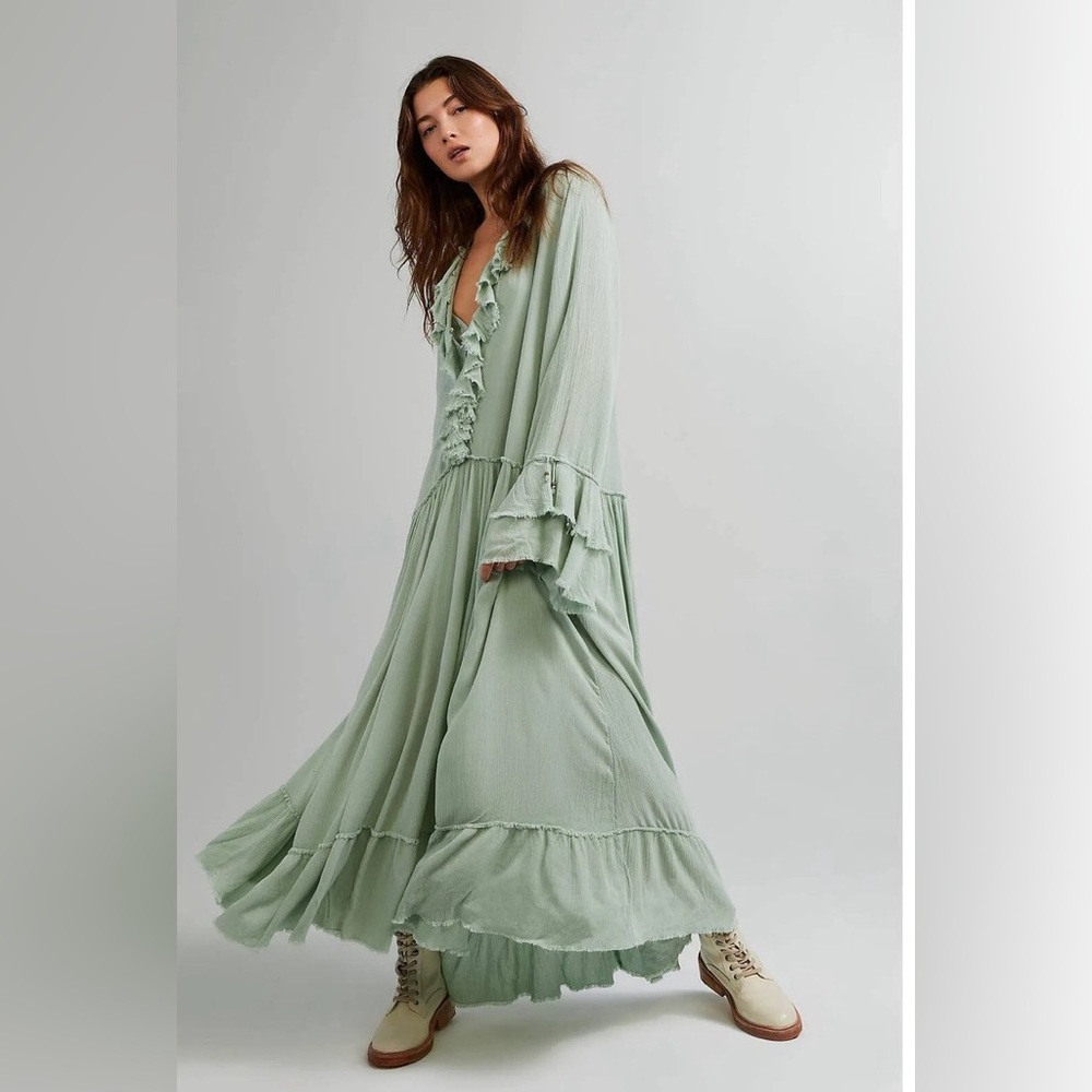 Free People Sage Green Long Sleeve Dress